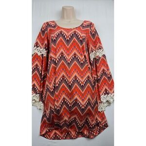 Voom by Joy Han Womens Small Boho Chevron Mini Dress Tunic Orange Crochet Sleeve